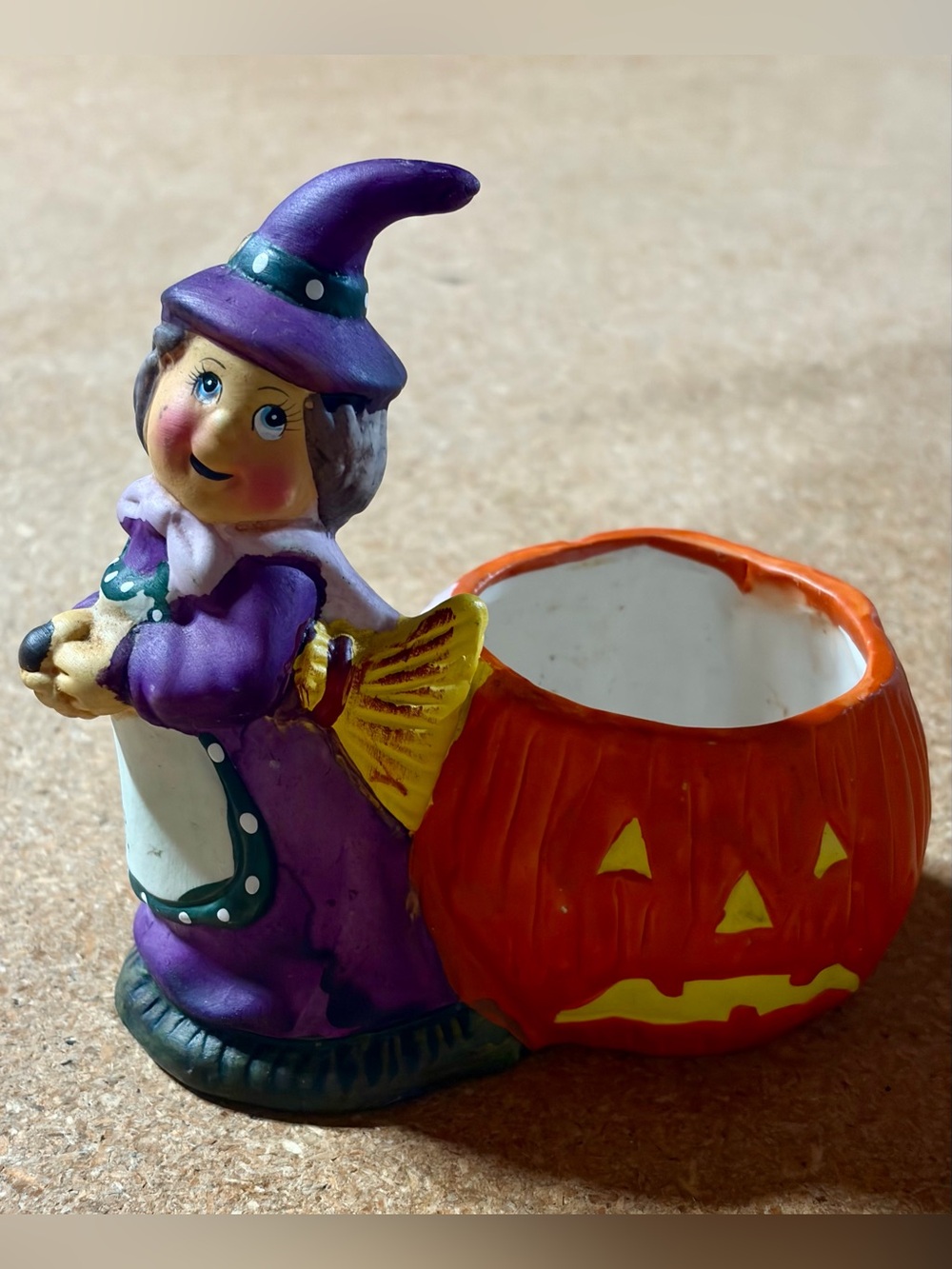 Vintage Retro Halloween Witch Pumpkin Ceramic Candle Holder Figurine Planter